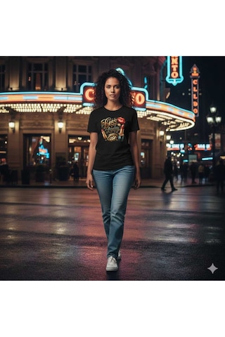 Lady Leopar Baskılı Ruj Detaylı Basıc T-shirt Siyah