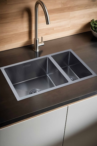 Uka Serisi %100 Krom 70x45 Paslanmaz Mutfak Eviyesi, Mutfak Lavabosu Sifon Dahil Siyah