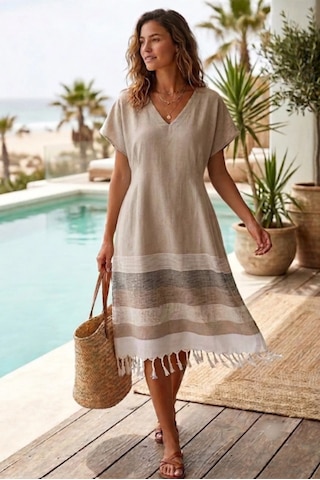 Trendol Fashıon Lıfe Deniz /plaj Elbisesi / Açık Kahve / Kimono /peştemal Krem