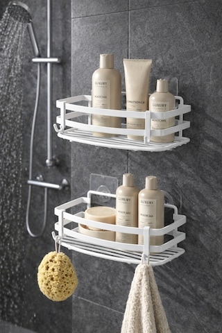 Buççin Online Mağaza Yapışkanlı 2'li Banyo Düzenleyici Şampuanlık Sabunluk Yapışkanlı Banyo Rafı Beyaz Metal Beyaz Çok Renkli