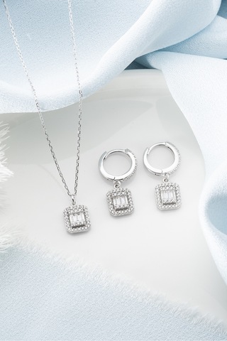 Çekirdekjewelry 925 Ayar Gümüş Baget Taşlı Kolye Küpe Seti Gri