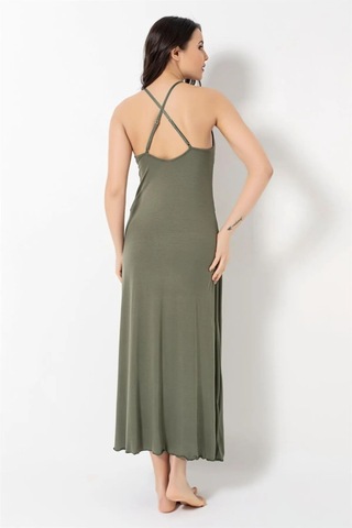 Monamise 18493 Kadın İp Askılı Göğüs Ve Sırt Dekolteli Dantelli Yırtmaçlı Gecelik -haki Haki