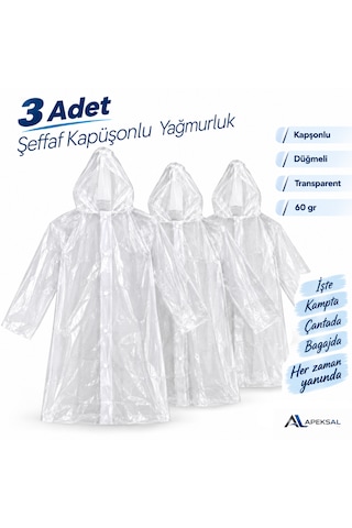 3 Adet Şeffaf Kapüşonlu Yağmurluk Düğmeli İş Kamp Seyahat Acil Durum 60 Gr