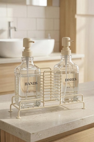 Digithome 2 Li Metal Standlı Cam Sıvı Sabun Ve Losyon Şişesi Sabunluk 500 Ml Krem B/1 C1-1-289