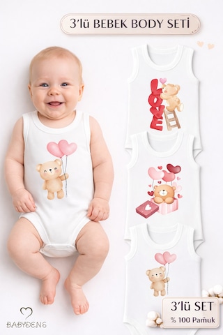 Babyden's 3 Lü Bebek Body Seti %100 Pamuk Ayıcık Desenli Unisex Bebek Body Kolsuz Çıtçıtlı Zıbın Beyaz
