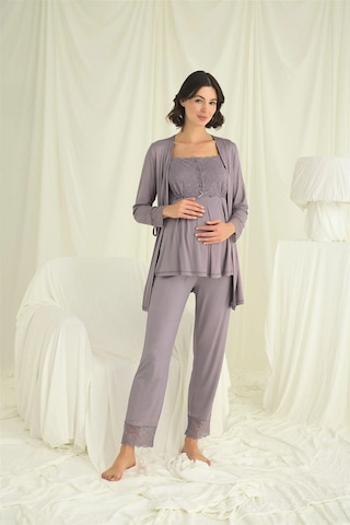 L'ombre Dantelli Önü Düğmeli Hamile Lohusa 3lü Pijama Takımı