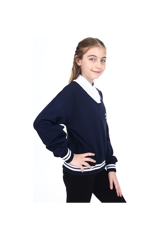 Toontoy Kız Çocuk Relax Fit Polo Yaka Düşük Omuz Baskılı Okul Sweatshirt - Garnili & 2 İplik Lacivert