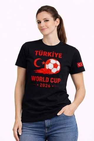 Wear Vexel Kadın Türkiye World Cup 2026 Baskılı Tişört Futbol Temalı Forma T-shirt - Siyah Siyah