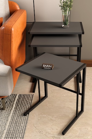 C Zigon Sehpa 3'lü Modern Metal Yan Sehpa, Laptop Masası Ve Koltuk Yanı Kahve Sehpası Antrasit