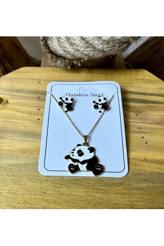 Sevimli Panda Mineli Gold Altın Renk Çelik Kız Çocuk Küpe Kolye