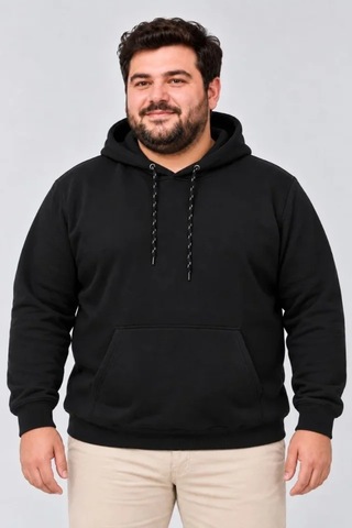 Suma Erkek Büyük Beden Üç İplik Şardonlu Kapüşonlu Kanguru Cepli Sweatshirt - Siyah