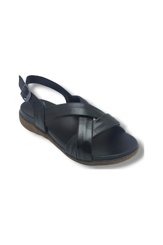 Ellanor S-687-26 Hakiki Deri Çapraz Bant Anatomik Taban Kadın Sandalet Siyah