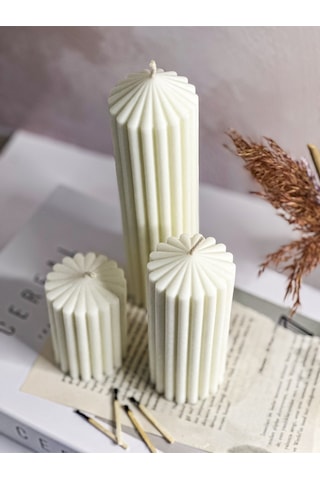 Dekoratif Üçlü Set Çizgili Silindir Sütun Kokulu Vegan Soya Mum Beyaz