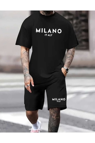 Milano Baskılı Özel Tasarım Oversize Alt Üst Takım Siyah