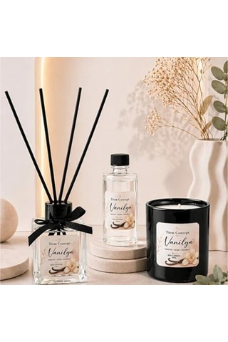 Vanilya Kokulu 3 Lü Dekoratif Oda Kokusu Seti 100 Ml Çubuklu Oda Kokusu + 100 Ml Yedek + Cam Bardak Mum Hediye Seti Siyah 50 x 22