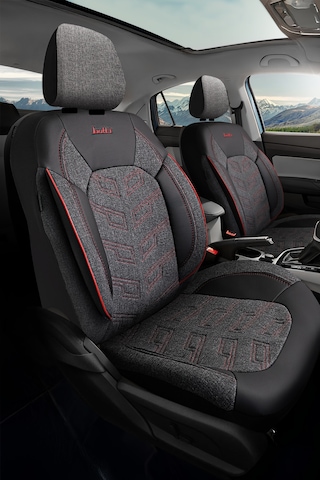 Siyah - Kırmızı Butti Bello Serisi Keten Kumaş Premium Oto Koltuk Kılıfı Ortopedik Destekli, Ön Arka Tam Set