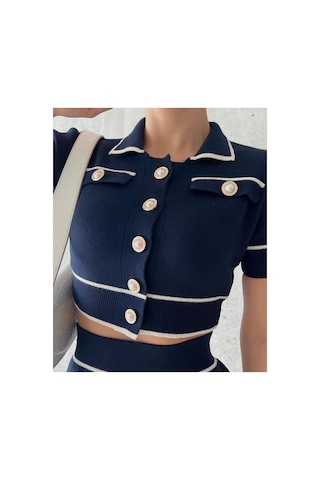 De Pose Kadın Lacivert Polo Yaka Inci Düğmeli Mini Etek Crop Ikili Takım