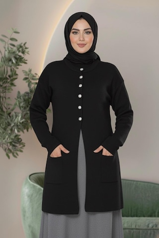 Yeni Sezon Dizboy Kadın Ceket -sakal İplik, Yaka Düğmeli, İki Cepli, Günlük, Şık Kombinler İçin Siyah