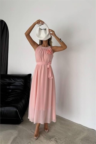 Kadın Astarlı Sıfır Kol Şifon Elbise Dpnbk2144 Pudra