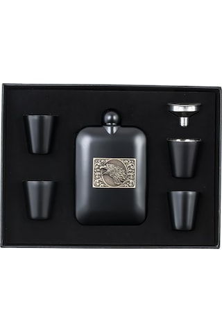 Lüks Kartal Logolu Paslanmaz Çelik İçki Matarası Avcı Kamp Outdoor Hediye Seti Cep Matarası 240 Ml. Siyah