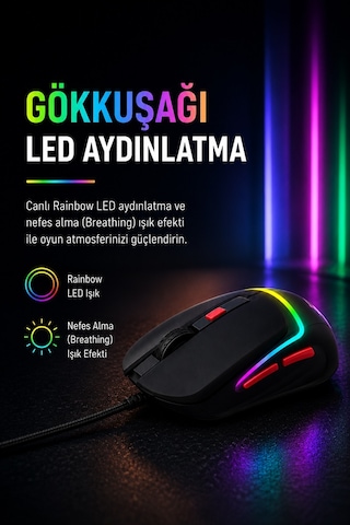 Dexim Dma027 M036p Kablolu Gökkuşağı Led Işıklı 6400 Dpı Gaming Mouse -