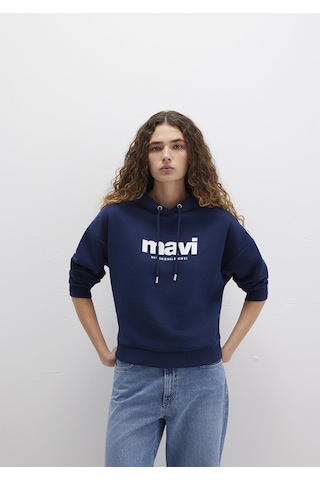 Mavi - Mavi Logo Baskılı Kapüşonlu Lacivert Sweatshirt 168334-704 Lacivert