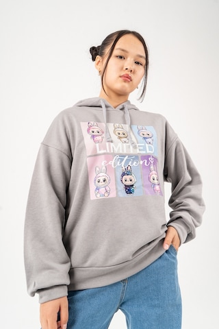 Kız Çocuk Labubu Baskılı 3 İplik Kışlık Şardonsuz Sweatshirt 4540 Gri