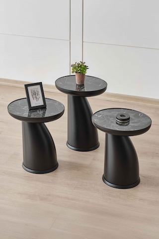 Altınaks Mobilya Elips Sehpa,3'lü Sehpa,yan Sehpa,zigon Sehpa - Siyah & Siyah Mermer Desenli