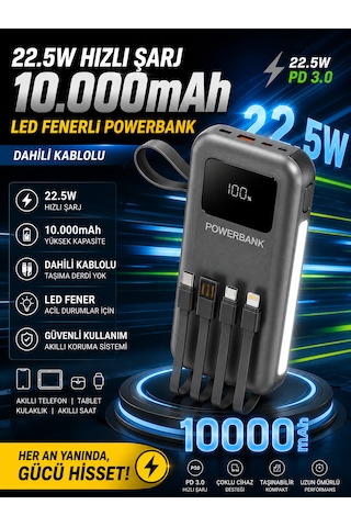 10000mah 22.5w Hızlı Şarjlı Powerbank Usb Micro Type-c Girişli Led Işıklı Kendinden Kablolu Antrasit