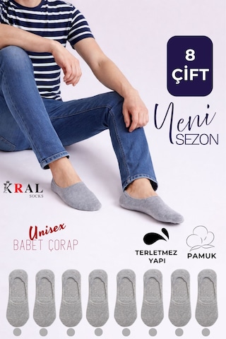 Kral Socks Kadın - Erkek Düz Desen 8'li Paket - 8 Çift Pamuklu Terletmez Babet Çorap Gri
