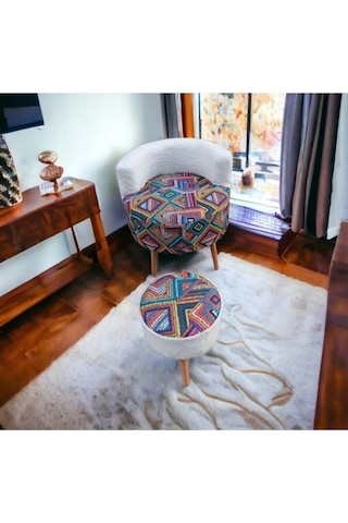 Çay Seti Tekli Koltuk Berjer Ve Puf Takımı Salon, Balkon, Ofis 2 Li Takım Beyaz Üst Etnik Desen