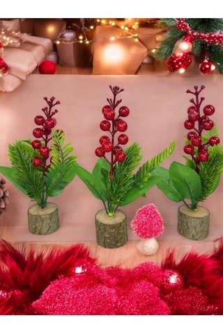 3lü Set Yapay Çiçek Yılbaşı Çiçeği Kokinalı Kütük Saksılı Dekoratif Süs 20cm
