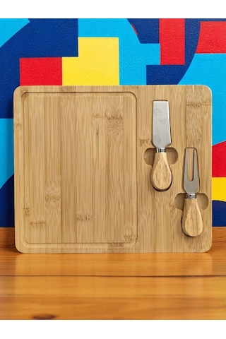 Doğal Bambu Bıçaklı Peynir Servis Sunum Tabağı Kahvaltı Sunum Tahtası Seti 3 Parça 30x25 Cm Kahverengi