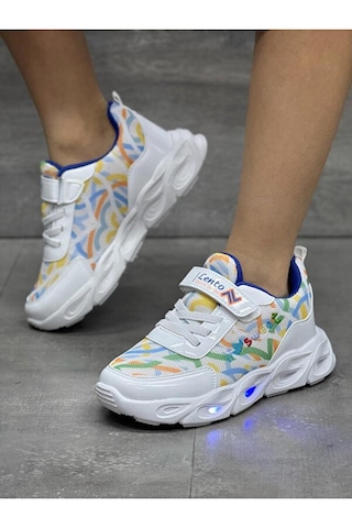 Adımist Çocuk Unisex Rahat Ortopedik Taban Işıklı Snakers Spor Ayakkabı Lento Işıklı Beyaz - Lacivert
