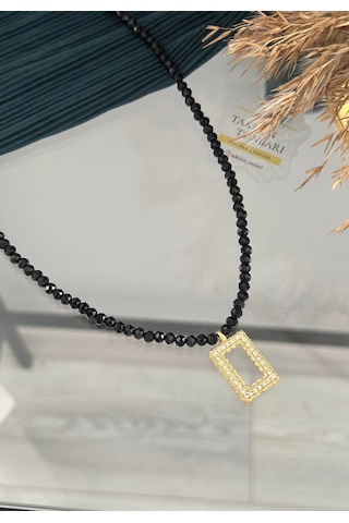 Siyah Kristal Boncuklu Gram Altınlık Kolye 60 Cm Çok renkli