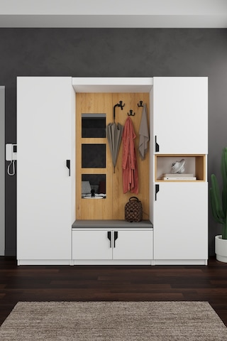 Lüks Aynalı Portmanto Askılı Vestiyer %100 Mdf Çok Raflı Ayakkabılık V04 Beyaz - Karına