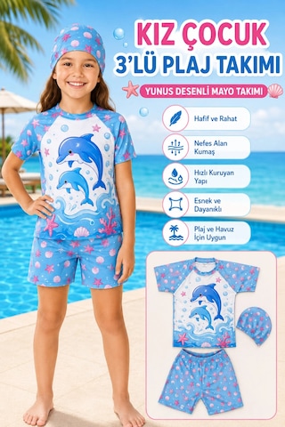 Rony Pony Kids Kız Çocuk Yunus Desenli 3 Lü Plaj Takımı Şortlu Mayo Seti Bone Dahil Mavi Beyaz