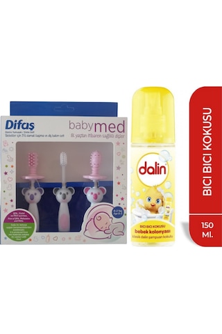 Difaş Bebekler İçin 3'Lü Damak Kaşıma ve Diş Bakım Seti Pembe + Dalin Bebek Kolonyası Bıcı Bıcı Kokulu 150 ml
