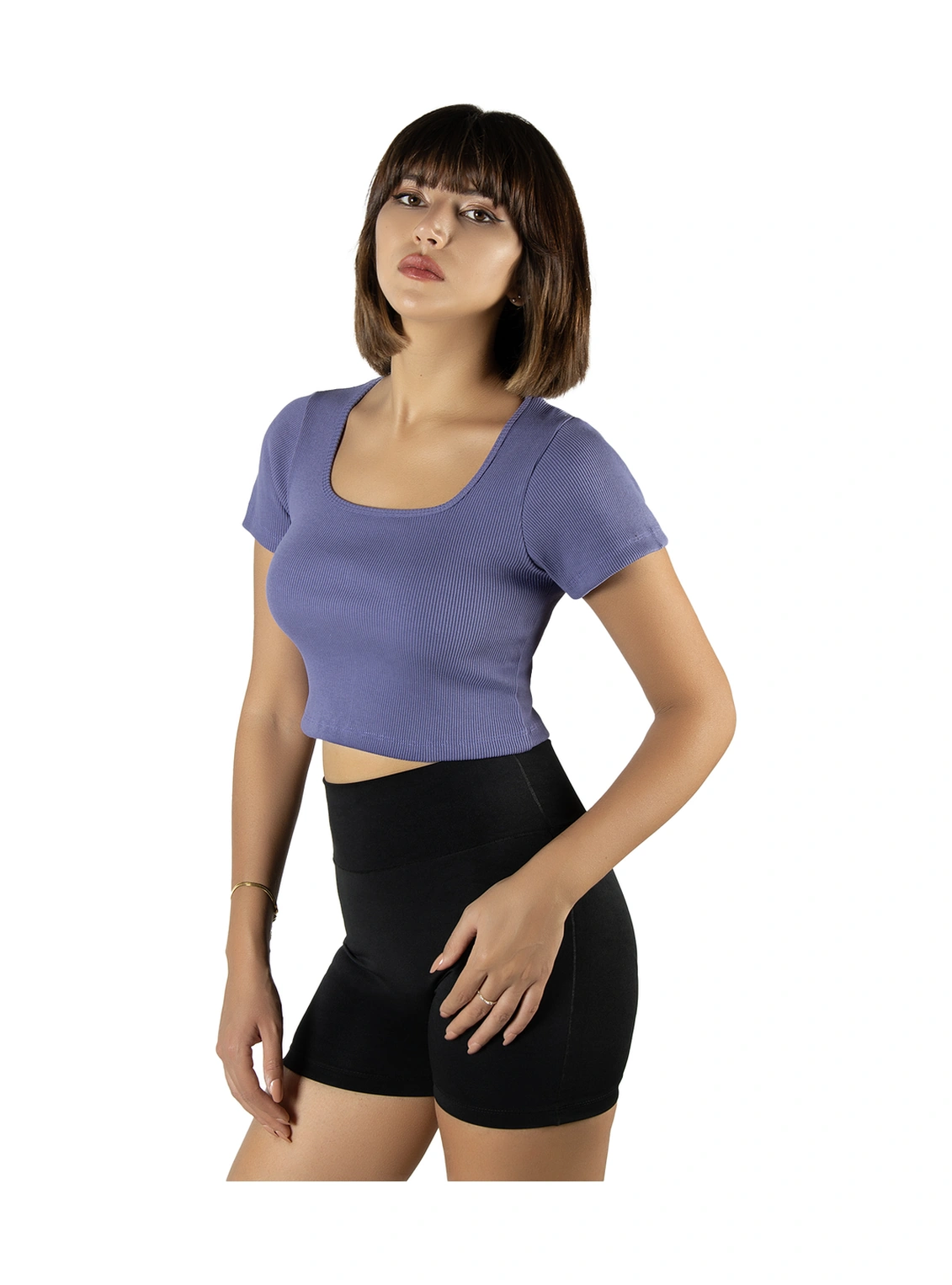 Veaven Mor Havuz Yaka Fitted/vücuda Oturan Kısa Kol Crop Tişört Mor