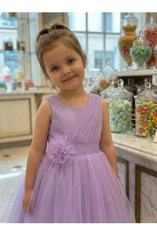 Butikhappykids Kız Çocuk Lila Volanlı Tüllü Çiçek Detaylı Abiye Elbise 1-5 Yaş Lila