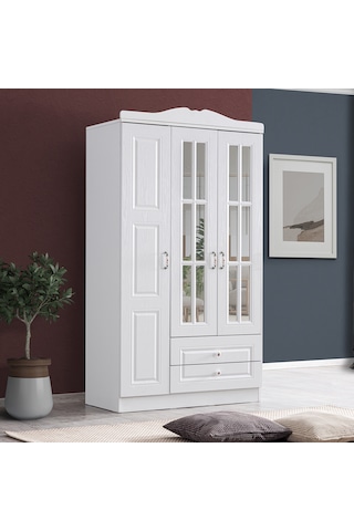 Country West 3 Kapaklı Çekmeceli Aynalı Mdf Dolap, Beyaz