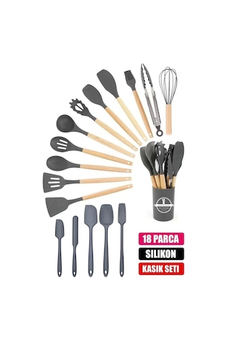 18'parça Silikon Kaşık Fırça Çırpıcı Spatula Maşa Kepçe Kevgir Servis Seti Bambu Saplı Mutfak Takım Gri
