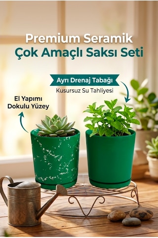 2 Li Seramik Saksı Kalemlik,fırçalık,masa Organizeri / Modern Dekoratif El Yapımı Tasarım Yeşil