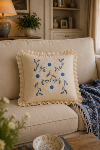 Mavi Beyaz Papatya Desenli Dekoratif Kırlent Kılıfı %100 Pamuk Fırfırlı 45x45 Cm Bej