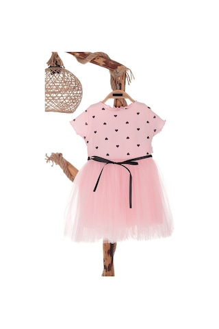 Kalp Baskılı 2-7 Yaş Arası Pembe Kız Çocuk Tüllü Elbise Doğum Günü Özel Gün Ve Geceler İçin Pembe