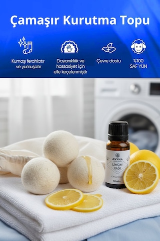 Reyo 3'lü Çamaşır Yün Kurutma Topu + %100 Saf Limon Esansı Hediye - Doğal Ve Çevre Dostu Açık Bej