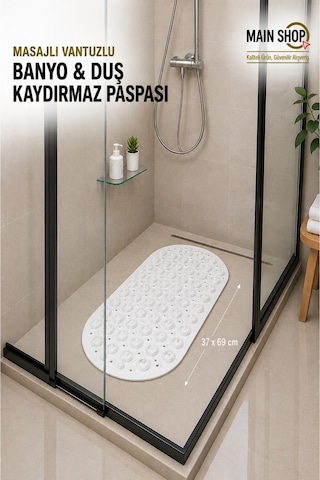 Mainshop Kaydırmaz Duşakabin Banyo Ve Duş Paspası Masajlı Vantuzla Yapışır 37 X 69 Cm M-142 Beyaz