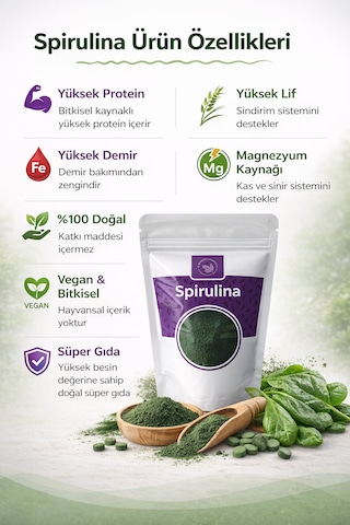 Spirulina Tozu 100 G %100 Doğal, Vegan, Yüksek Protein & Lif, Süper Gıda Toz Form