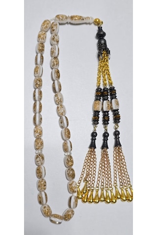 Ağır Püskül Golden Rosary Altın Parçacılı Tesbih Altın - Beyaz