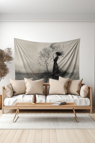 Rüzgar Ve Kadın Desenli Duvar Halısı Duvar Örtüsü Tapestry Süet Dokulu Kumaş